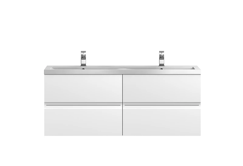 Hudson Reed URB104F Urban Modern Bathroom Wall Hung 4 Drawer Vanity Unit with Double Ceramic Basin, 1200mm, Satin White