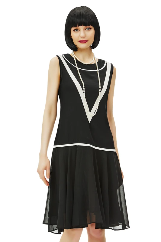 BABEYOND Women’s 1920s Inspired Flapper Dress - Low-Waist Sleeveless Party Chiffon Dress, Black, XL