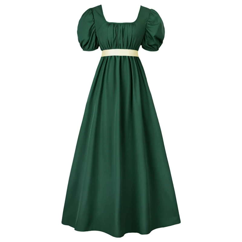HEQU Regency Dresses for Women with Satin Sash Ruffled Puff Sleeve Empire Waist Dress Gown, Dark Green, S