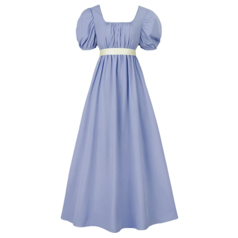HEQU Regency Dresses for Women with Satin Sash Ruffled Puff Sleeve Empire Waist Dress Gown, Light Blue, Large