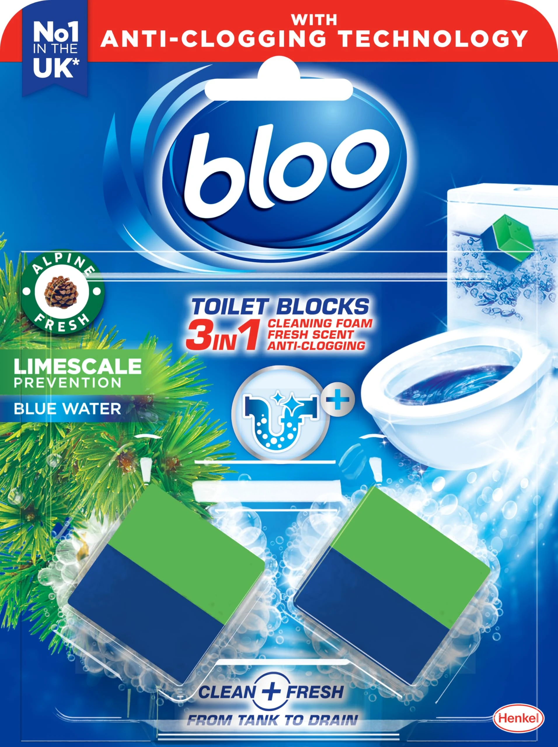 Bloo New 3in1 Toilet Blocks, Pack of 2, Toilet Limescale Remover Cistern Block, Toilet Cleaner Block with Cleaning and Foaming Action, Toilet Fresheners - Limescale Prevention