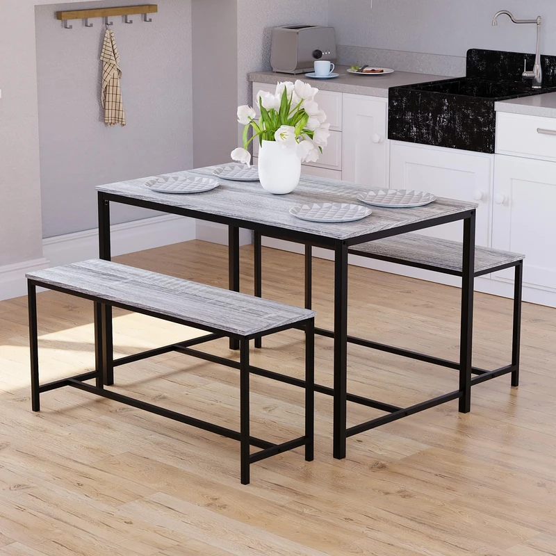 Vida Designs Brooklyn 4 Seater Dining Set 3 Piece Table & Bench Set Industrial Dining Room Furniture (Grey)