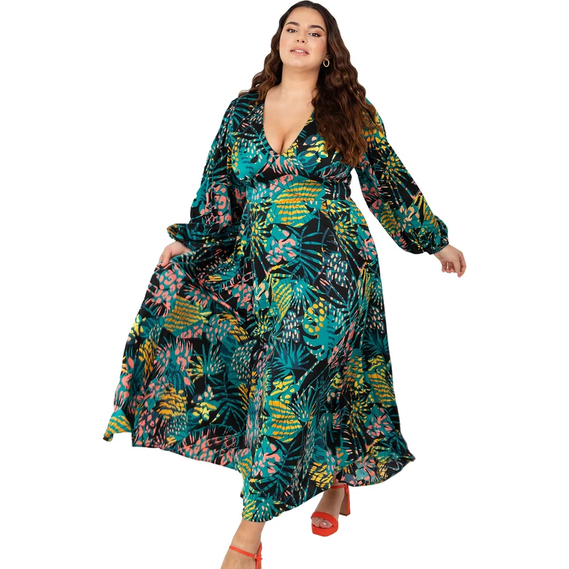 Lovedrobe Women's Womens Summer Plus Curve V Neckline Bishop Sleeve Midi Length Bow Tie Long Sleeved a Line Even Dress, Tropical Print, 18 UK - Image 1