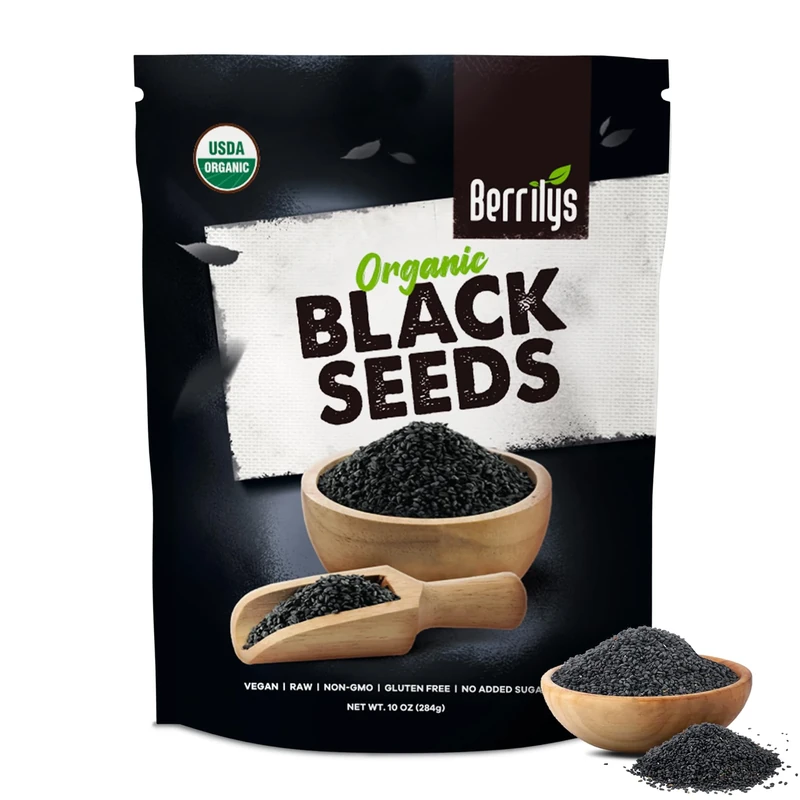 Berrilys Organic Black Cumin Seeds, 284g – Nigella Sativa (Kalonji), Non-GMO, Vegan, Gluten Free Black Seeds for Health Benefits, Culinary Use, Digestion, Flavoring & Aromatic Spice