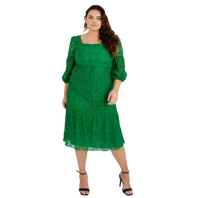 Lovedrobe Women's Womens Ladies Plus Size Green Lace Overlay Bishop Long Sleeve Midi Square Neck Curve Midi Summ Dress, Green, 20 UK