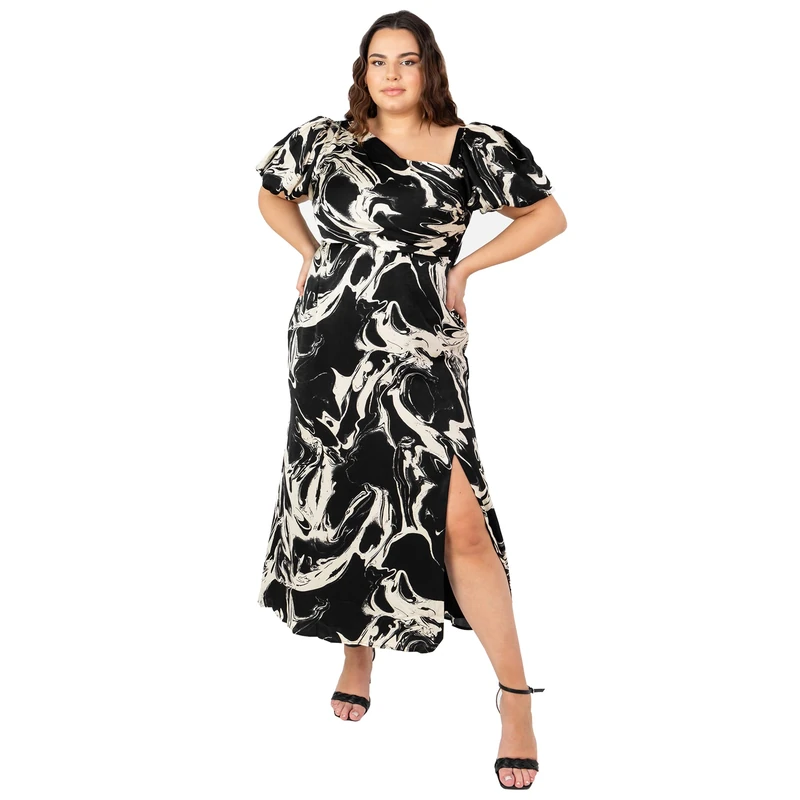 Lovedrobe Women's Womens Ladies Midaxi with Slit Plus Size Curve Asymmetrical Neckline Keyhole Bow Tie Puffed Sh Dress, Marble Print, 16 UK - Image 1