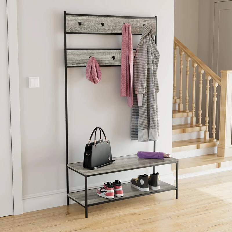 Vida Designs Brooklyn Hallway Unit Coat Rack Stand Hall Tree Shoe Rack Bench Shelves Hooks (Grey) - Image 1