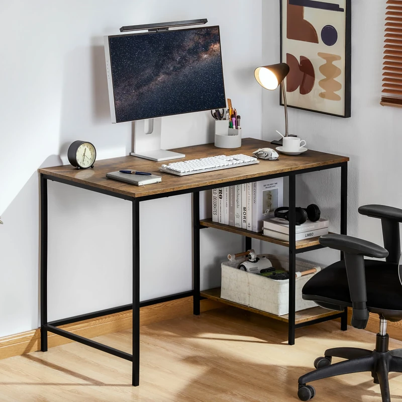 Vida Designs Brooklyn Desk 2 Shelves Computer PC Laptop Table Shelf Shelving Home Office Storage Industrial Furniture (Dark Wood)