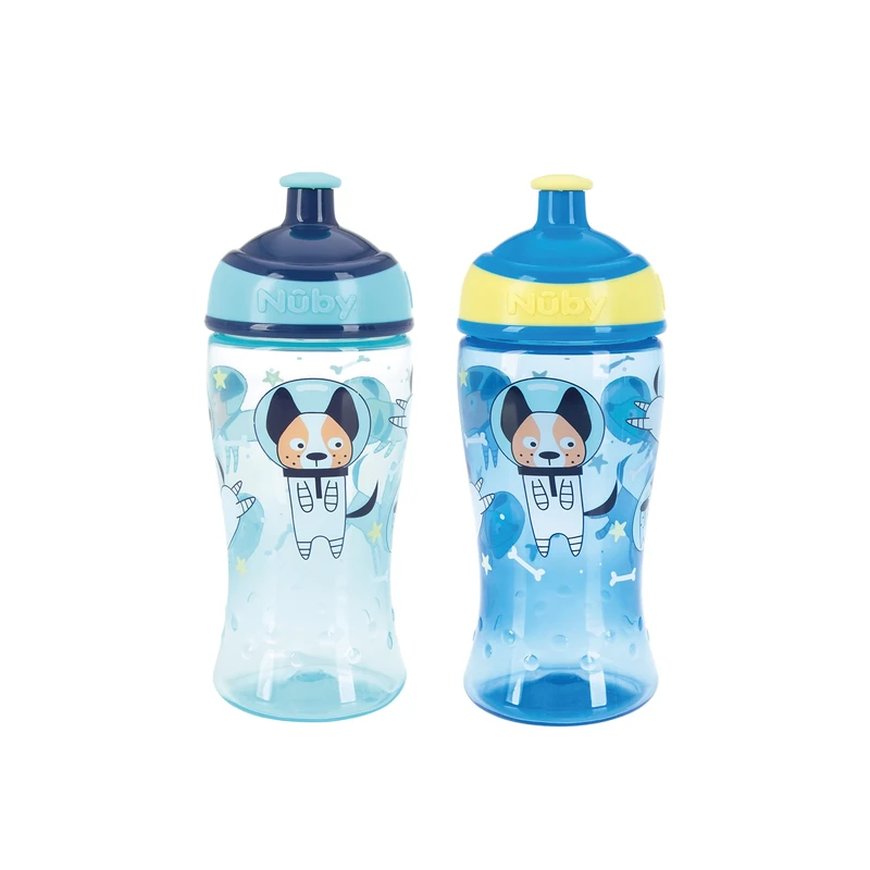 Nuby Super Slurp Water Bottle - No Spill Active Toddler Sippy Cup | 360ml / 12oz |Easy Grip | Dishwasher Safe | Suitable Beaker for 18 Months Plus (Astronauts, Pack of 2), 048526890477