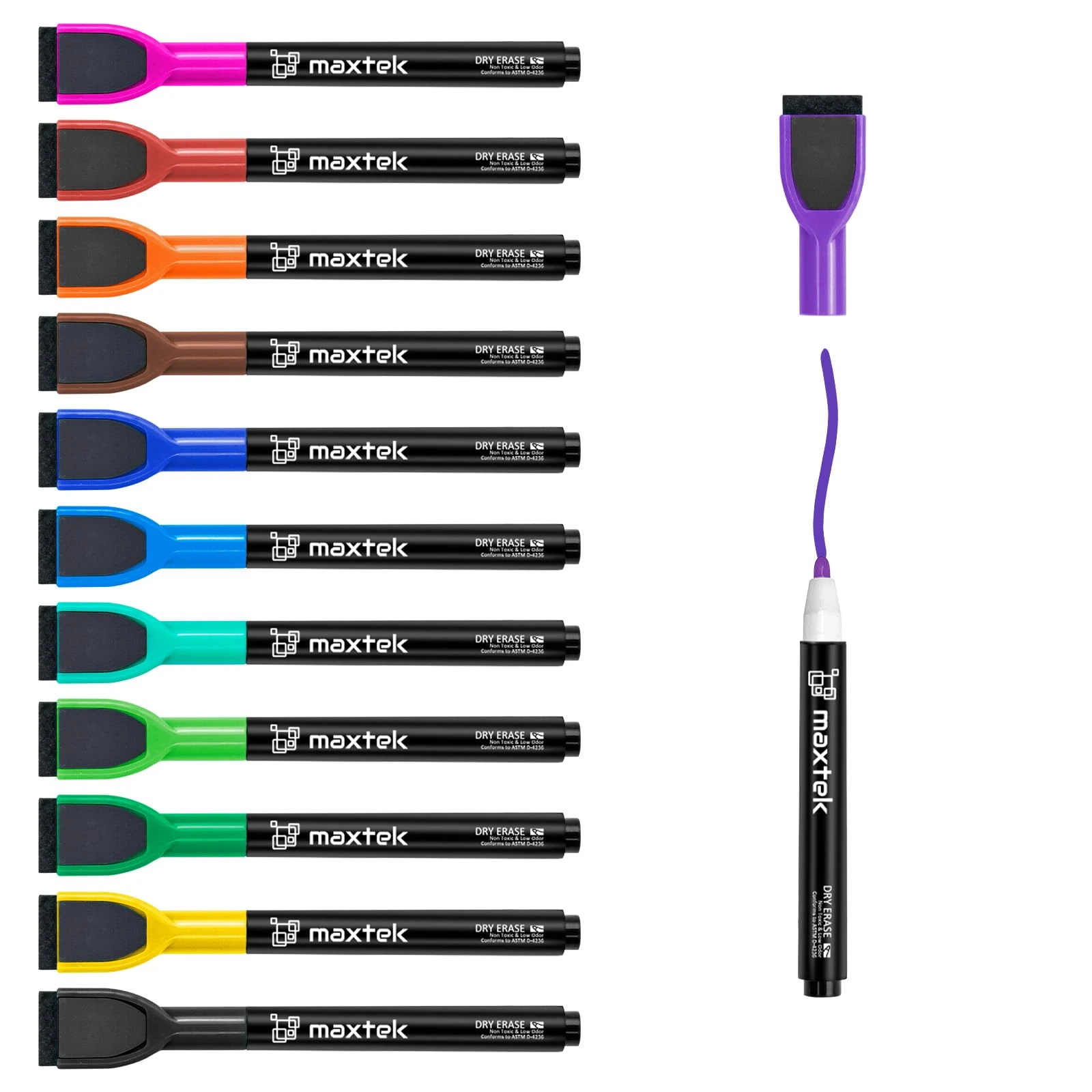 maxtek Magnetic Whiteboard Pens Markers, 12 Colours Fine Tip White Board Markers Erasable with Eraser for Kids, Low Odour Thin Dry Wipe Pens (Pack of 12)