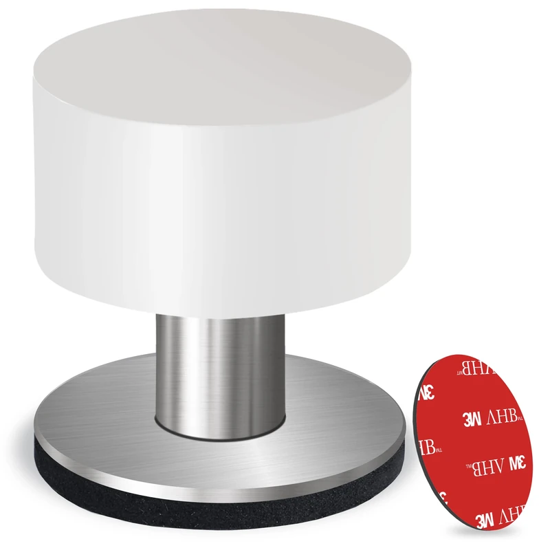 Pack of 1 Door Stop with Extra Sticker, Self-Adhesive Door Stopper with White Rubber & Stainless Steel Body - Heavy Duty Sound Dampening Door Bumper for Home & Office Use