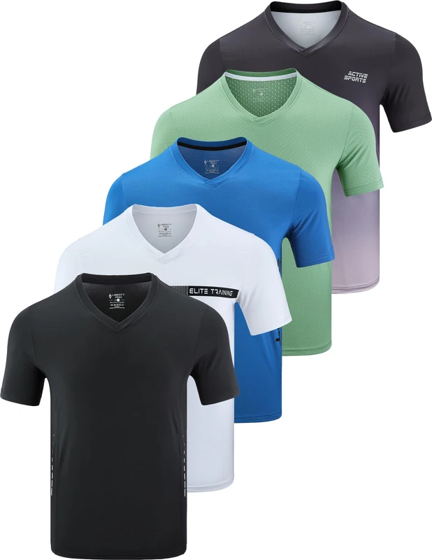 5 Pack Mens Dry Fit V Neck T Shirts, Athletic Short Sleeve Workout Tops for Men Sweat Wicking Gym Tees, Set 2, Large