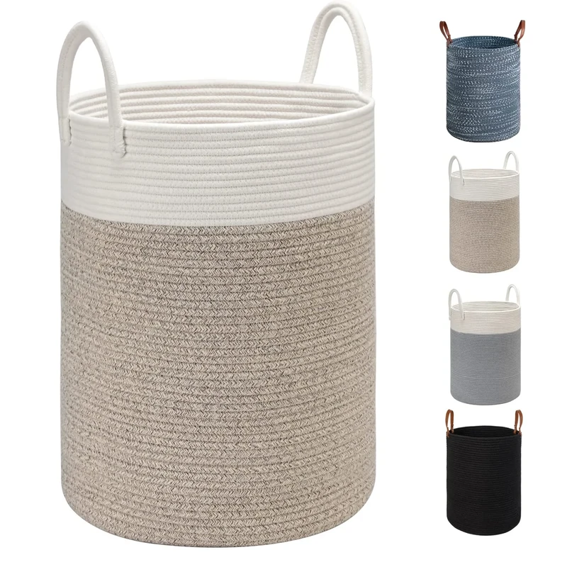 TOTANKI Large Cotton Rope Laundry Basket - 40 cm (D) x 50 cm (H) - Foldable Woven Basket with Leather Handles for Storing Clothes, Nappies, Toys (White/Brown)