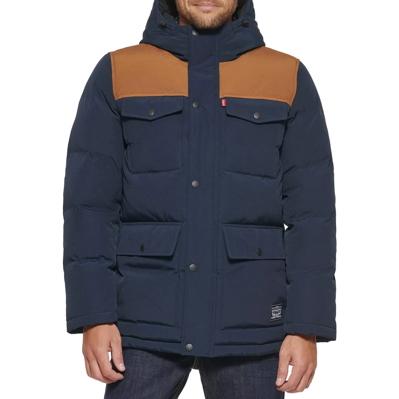 Levi's Men's Arctic Cloth Quilted Lined Performance Parka (Regular and Big & Tall Sizes) Jacket, Navy/Worker Brown, Large