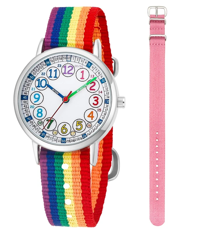 CHAOTECHY Kids Analog Quartz Wrist Watch Girls Boys Learning Watch 2pcs Change Interchangeable Textile Strap,Learning Read Time (Rainbow+Pink)