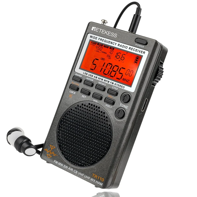 Retekess TR110 Portable Digital Radio,FM/SW/MW/SSB/AIR Multi Band Radio,Mini Pocket Compact Radios,Level 9 Stirless,Charge Via the USB,External Antenna,DSP Technology,Clock,Outdoor