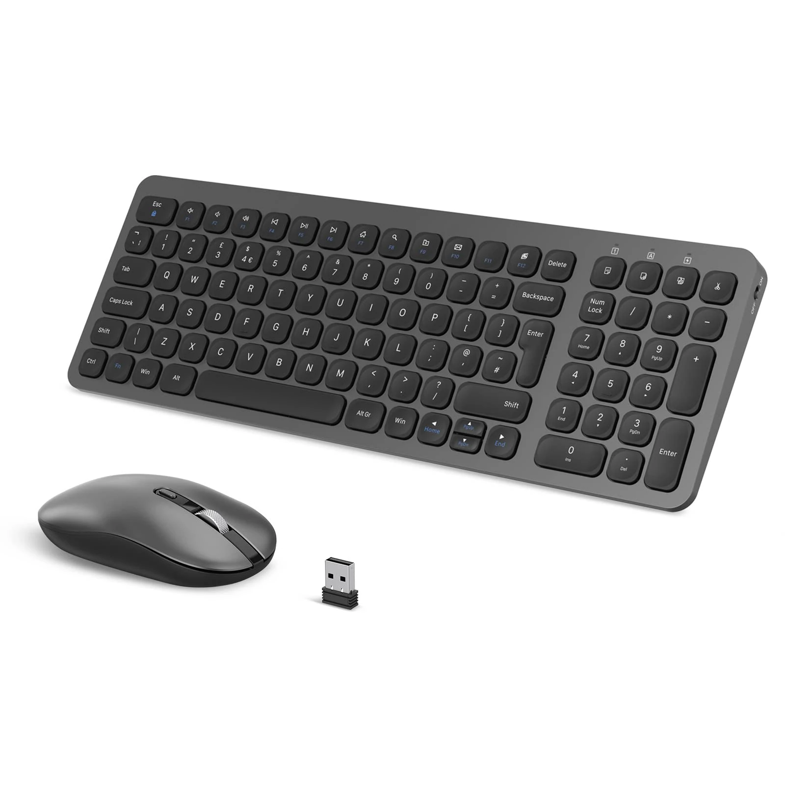 Wireless Keyboard and Mouse, PINKCAT 2.4G QWERTY UK Layout Keyboard and Cordless Silent Mouse Set with Numeric Keypad Ergonomic Energy Saving for Windows, Computer, Desktop, PC, Laptop (Gray)