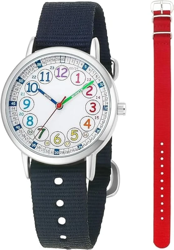 CHAOTECHY Kids Analog Quartz Wrist Watch Girls Boys Learning Watch 2pcs Change Interchangeable Textile Strap, Learning Read Time (Black+RED)