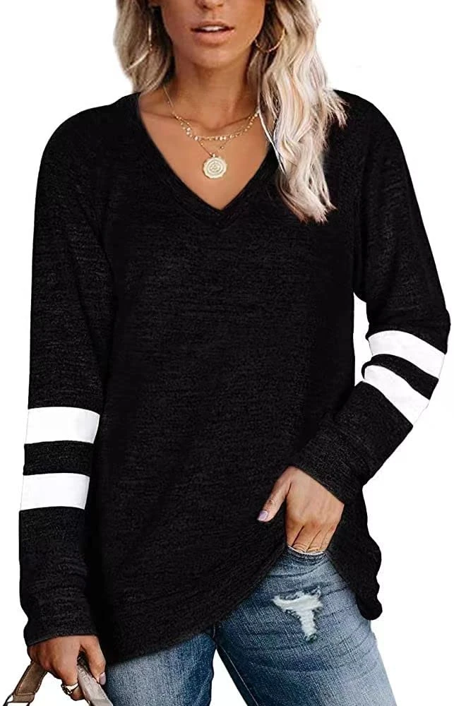 Famulily Sweatshirt for Ladies Long Sleeve Cotton Striped V-Neck Loose Casual Jumper Tops Black M