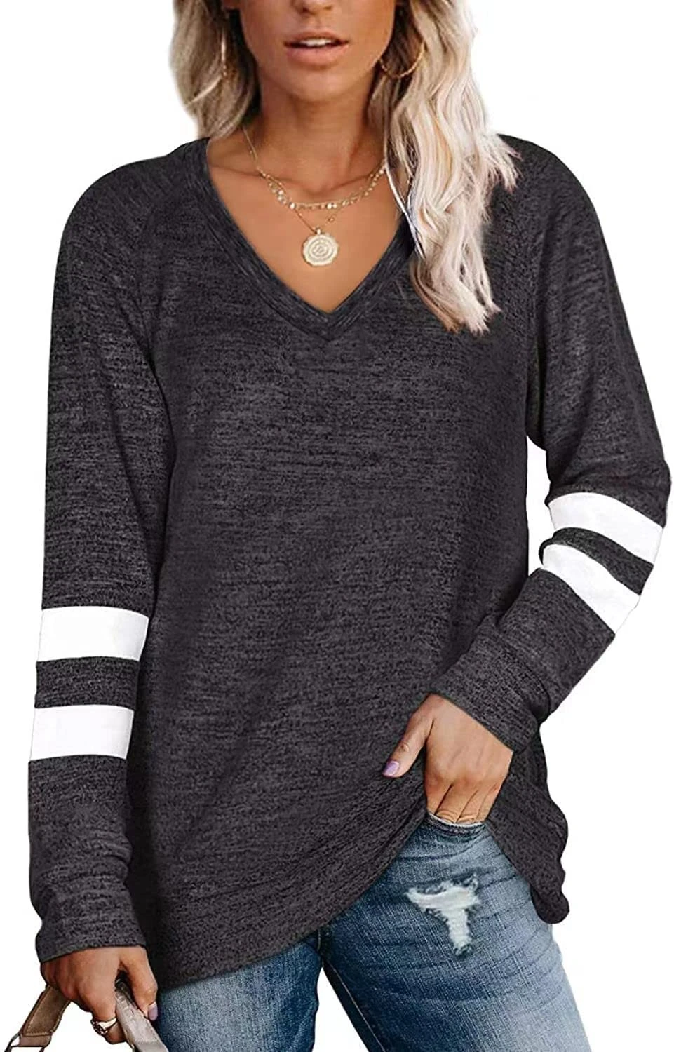 Famulily Striped Jumper Women Loose Fitting T Shirt Tops Ladies Plain Long Sleeve T-Shirts Dark Gray M