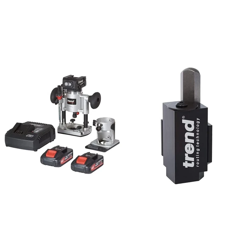 Trend T18S/R14K2 18V Cordless 1/4" Brushless Dual Base Plunge and Trim Router Kit (2 x 4Ah Battery and Fast Charger) & C Corner Wood Chisel for Square Hinge and Lock Face Fitting, Black, 70mm