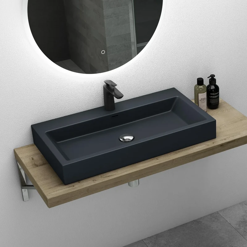 Mai & Mai Col06 Wall-Mounted Washbasin Grey Black Matt 76.5 cm Rectangular Hand Wash Basin with Overflow 76.5 x 42 x 10 cm