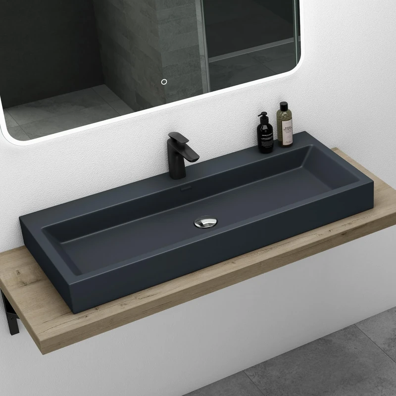 Mai & Mai Col06 Wall-Mounted Washbasin Grey Black Matt 100 cm Rectangular Hand Wash Basin with Overflow 100 x 42 x 10 cm