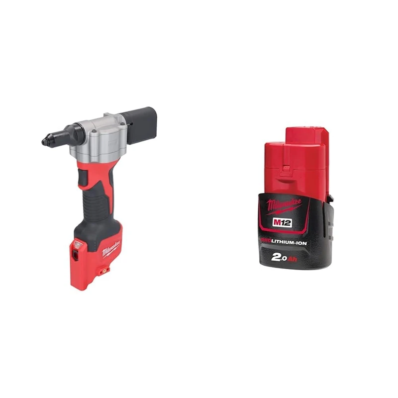 Milwaukee M12BPRT-0 Pop Rivet Tool & M12B2 2.0Ah Lithium-Ion Battery - Red