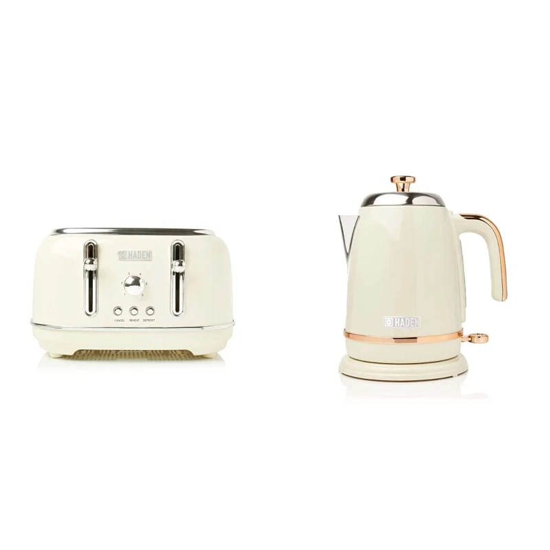 Haden Highclere 4 Slice Toaster with Reheat and Defrost Functions, Cream & Salcombe Cordless Kettle - Electric Kettle, 3000W, 1.7 Litre, Cream & Copper - Image 1