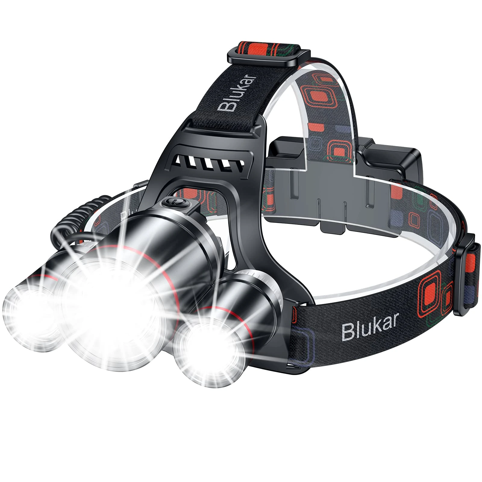 Blukar Head Torch Rechargeable, 8000L Super Bright Headlamp with 3 Lights 5 Modes, 4400mAh Capacity, 20 Hrs+ Runtime - IPX6 Waterproof Adjustable Focus Headlight for Running, Hiking, Fishing etc.