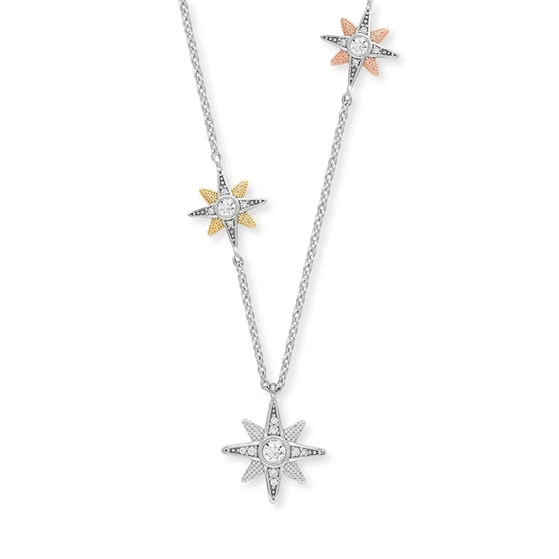 Engelsrufer Women's necklace made of sterling silver with three star motif pendants, tricolour, set with 19 zirconia stones, lobster clasp, nickel-free, 40 cm, Sterling silver, No Gemstone