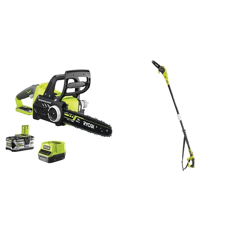 Ryobi RCS1830-150 18V ONE+ Cordless Brushless 30cm Chainsaw Kit (1 x 5.0Ah) & ONE+ 18V OPP1820 Cordless Pole Pruner, 20cm Bar (Body only)