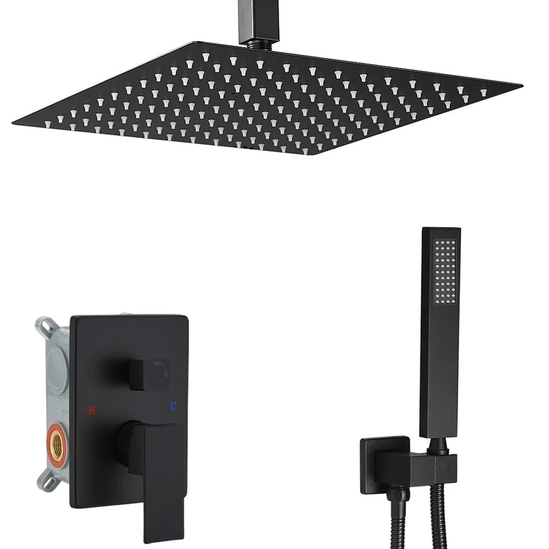 Heable Matte Black Shower System Bathroom 12 Inch Rain Shower Head Ceiling Mount with Handheld Luxury High Pressure Shower Combo Set Shower Faucet Rough-in Valve Body and Trim Included
