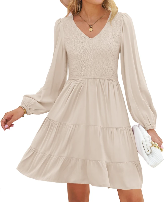 ZESICA Women's Casual V Neck Long Sleeve Smocked High Waist Ruffle A Line Tiered Mini Dress, Beige, S - Image 1