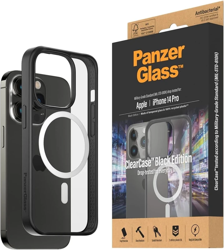 PanzerGlass™ ClearCase for iPhone 14 Pro - MagSafe compatible case for iPhone - scratch resistant tempered glass back cover with shock absorbing TPU frame - Military Grade Standard, transparent