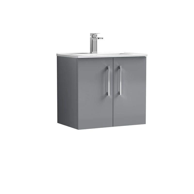 nuie ARN1323B Arno Modern Bathroom Wall Hung 2 Door Vanity Unit with Minimalist Ceramic Basin, Cloud Grey