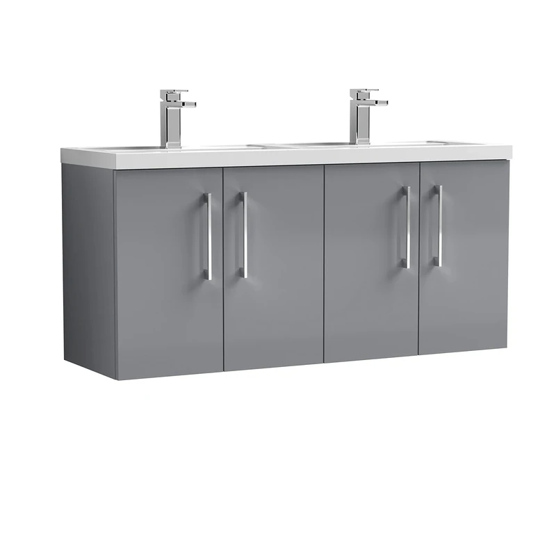 nuie ARN1323C Arno Modern Bathroom Wall Hung 4 Door Double Vanity Unit with Twin Polymarble Basin, Cloud Grey