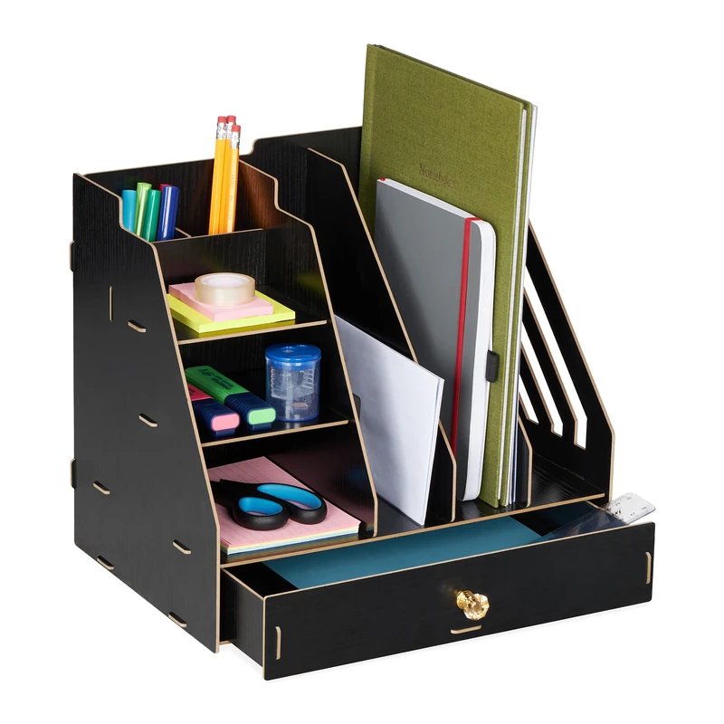 Relaxdays Desk Organiser, Office Supplies and Documents, Different Size Compartments, DIY, MDF, 29.5x33x24 cm, Black