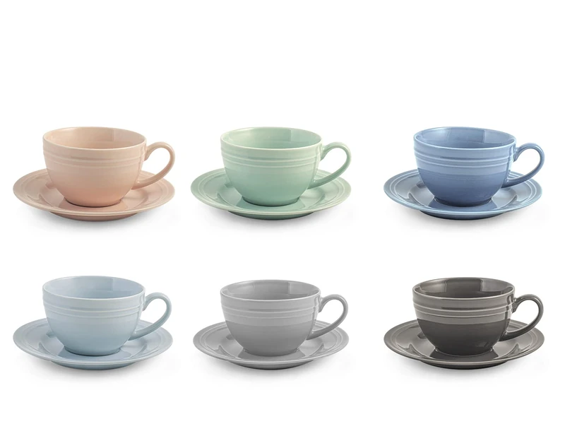 H&H Loft Set of 6 Porcelain Tea Cups, Assorted Colours Hot and Cold, 200 cc, Practical and Comfortable, Elegant - Image 1