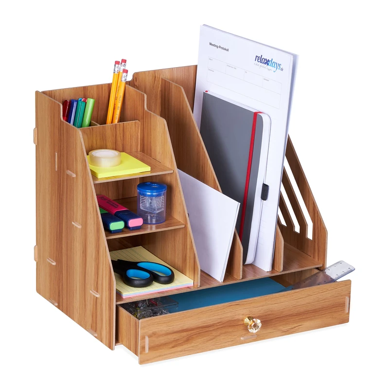Relaxdays Desk Organiser, Office Supplies and Documents, Different Size Compartments, DIY, MDF, 29.5x33x24 cm, Brown