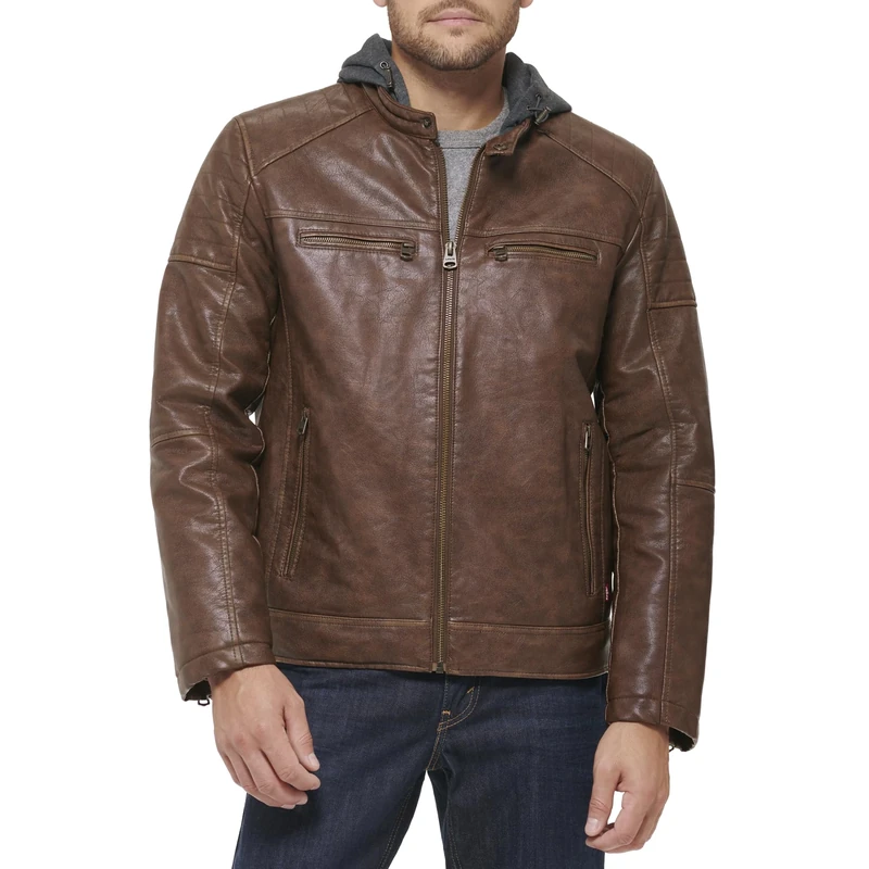 Levi's Men's Faux Leather Racer Jacket, Saddle Modern Hooded, M