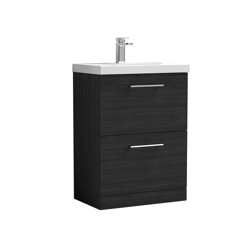 nuie ARN633D Arno Modern Bathroom Floor Standing 2 Drawer Vanity Unit with Thin-Edge Ceramic Basin, 600mm, Woodgrain Charcoal Black