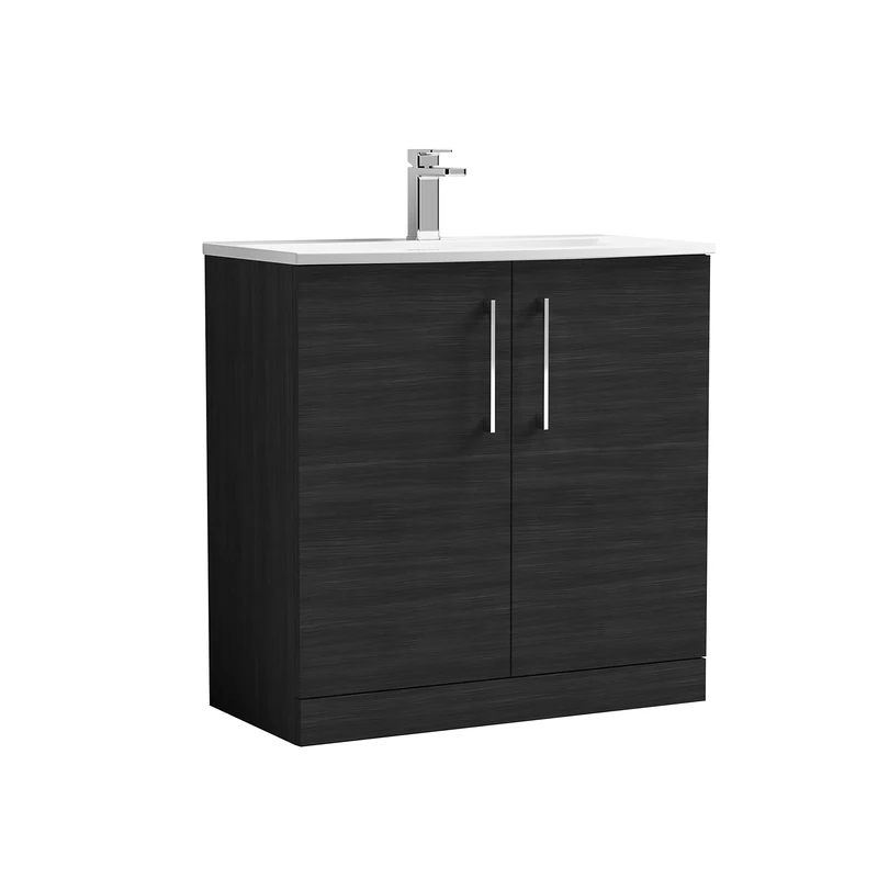 nuie Modern Bathroom Floor Standing 2 Door Vanity Unit with Curved Ceramic Basin, Woodgrain Charcoal Black, 800mm