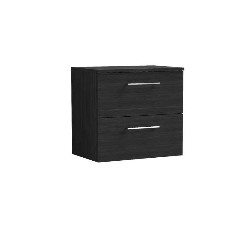 nuie ARN624W Arno Modern Bathroom Wall Hung 2 Drawer Vanity Unit with Colour Worktop, 600mm, Woodgrain Charcoal Black