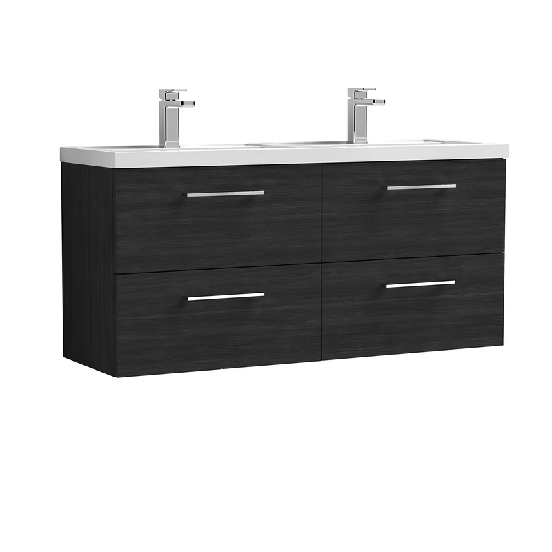 nuie Modern Bathroom Wall Hung 4 Drawer Double Vanity Unit with Twin Polymarble Basin, Woodgrain Charcoal Black, 1200mm