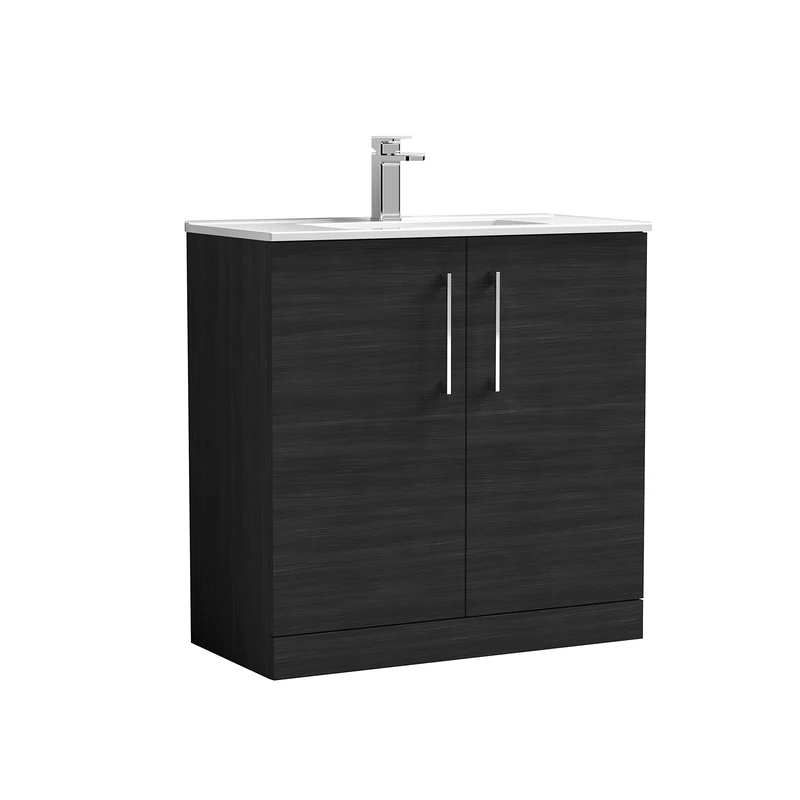 nuie ARN605B Arno Modern Bathroom Floor Standing 2 Door Vanity Unit with Minimalist Ceramic Basin, Woodgrain Charcoal Black