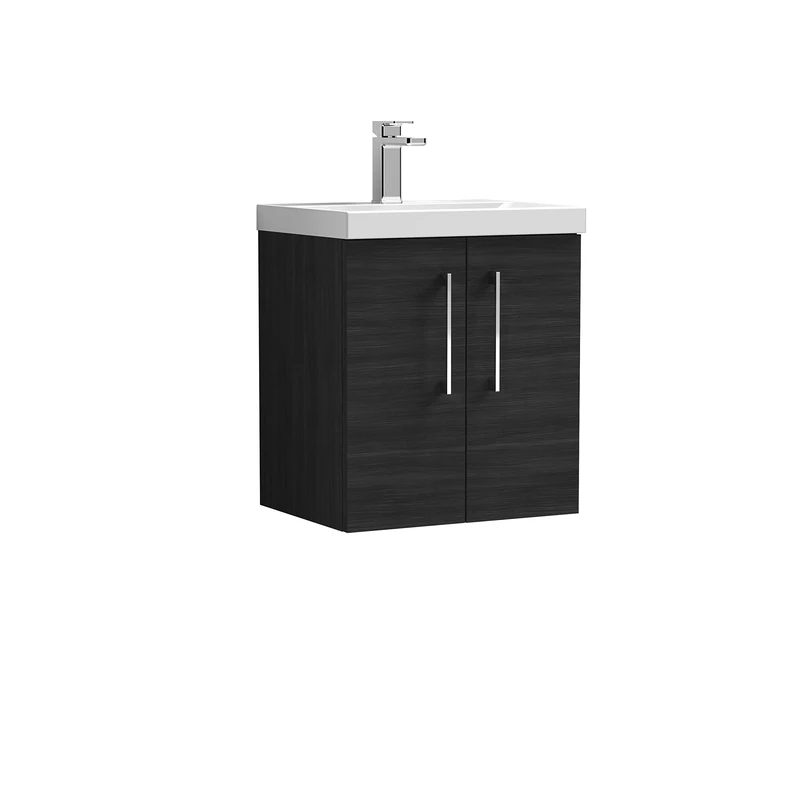 nuie ARN621A Arno Modern Bathroom Wall Hung 2 Door Vanity Unit with Mid-Edge Ceramic Basin, 500mm, Woodgrain Charcoal Black