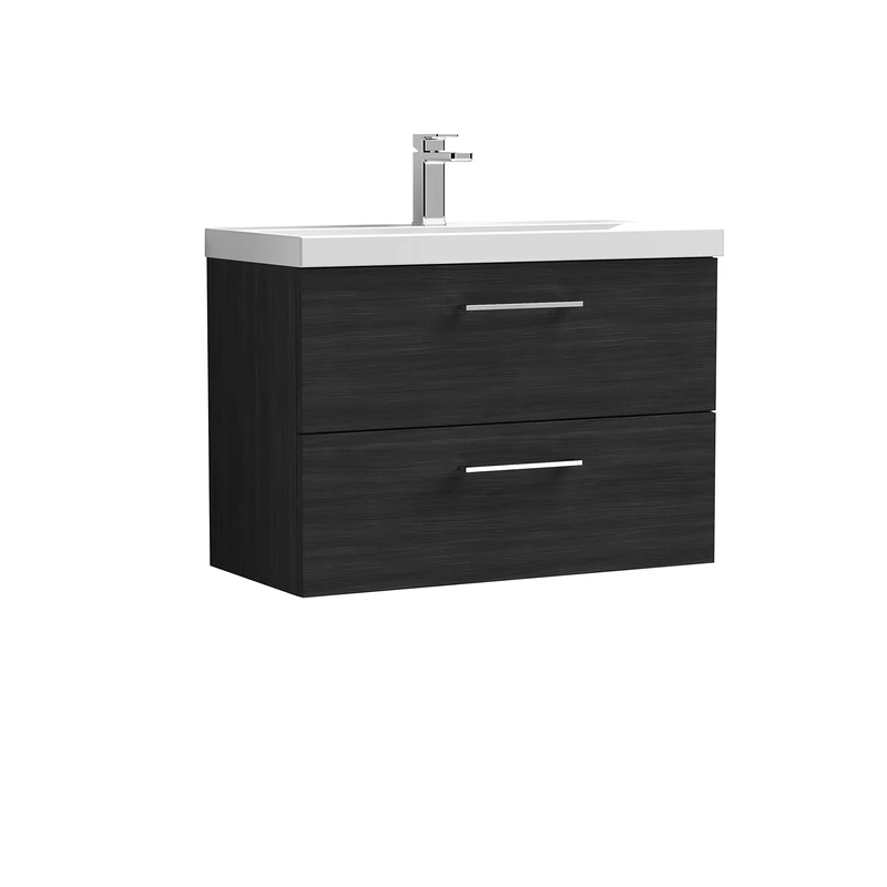 nuie ARN626A Arno Modern Bathroom Wall Hung 2 Drawer Vanity Unit with Mid-Edge Ceramic Basin, Woodgrain Charcoal Black