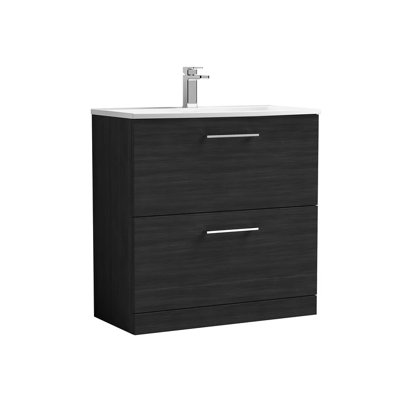 nuie ARN635G Arno Modern Bathroom Floor Standing 2 Drawer Vanity Unit with Curved Ceramic Basin, 800mm, Woodgrain Charcoal Black
