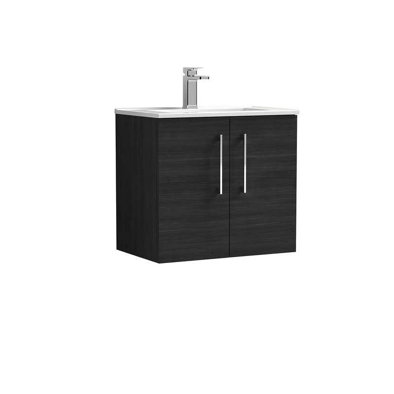 nuie ARN623B Arno Modern Bathroom Wall Hung 2 Door Vanity Unit with Minimalist Ceramic Basin, Woodgrain Charcoal Black